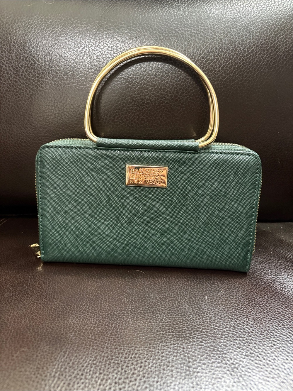Badgley Mischka Emerald Green Saffiano Mini Top-Handle Wallet with Gold Hardware